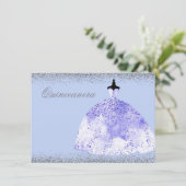 Blue Dress Silver Glitter Quinceanera Party Invite Kaart (Staand voorkant)