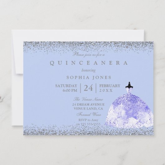 Blue Dress Silver Glitter Quinceanera Party Invite Kaart (Achterkant)