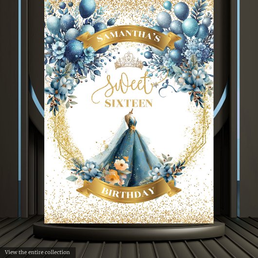 Blue Dress Sweet 16 Gold Glitter Waterverf Banner Wandkleed