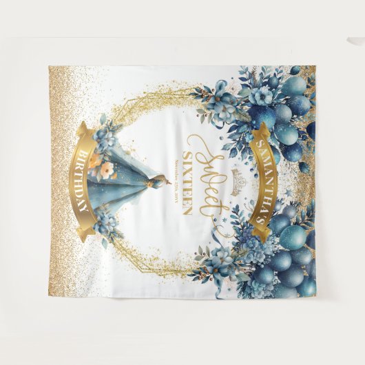 Blue Dress Sweet 16 Gold Glitter Waterverf Banner Wandkleed (Voorkant (horizontaal))