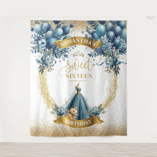 Blue Dress Sweet 16 Gold Glitter Waterverf Banner Wandkleed (Voorkant)