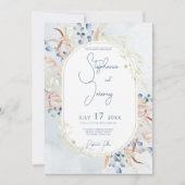 Blue Dried Boho Flowers Blue Wedding Uitnodiging (Voorkant)