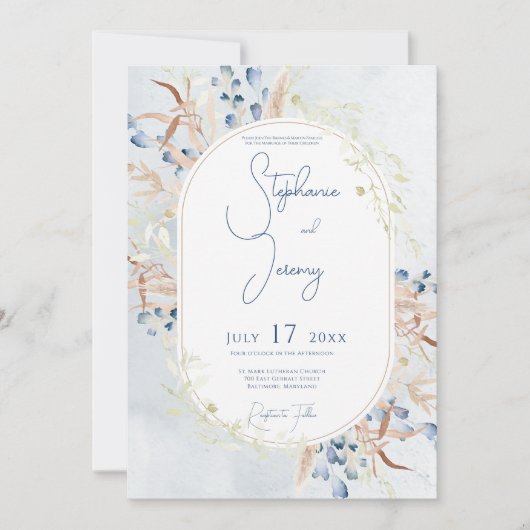 Blue Dried Boho Flowers Blue Wedding Uitnodiging (Voorkant)