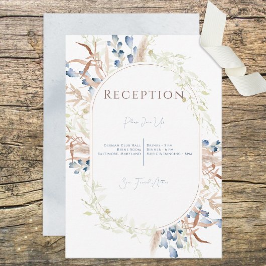 Blue Dried Boho Flowers White Reception Kaart