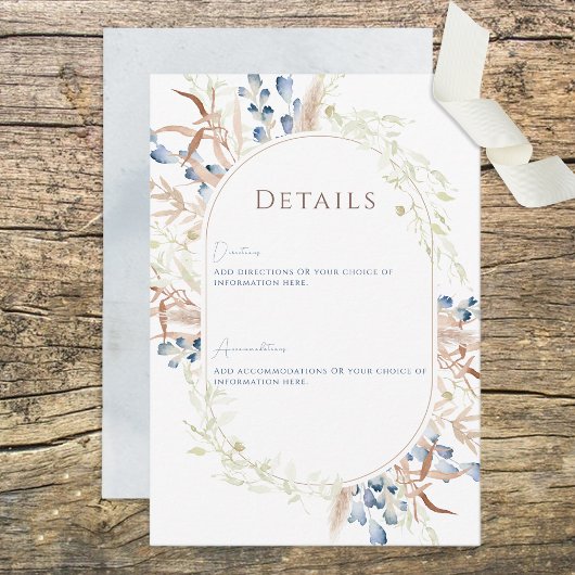 Blue Dried Boho Flowers White Wedding Details Kaar Informatiekaartje