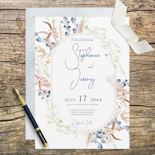 Blue Dried Boho Flowers White Wedding Invitation Kaart
