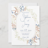 Blue Dried Boho Flowers White Wedding Invitation Kaart (Voorkant)