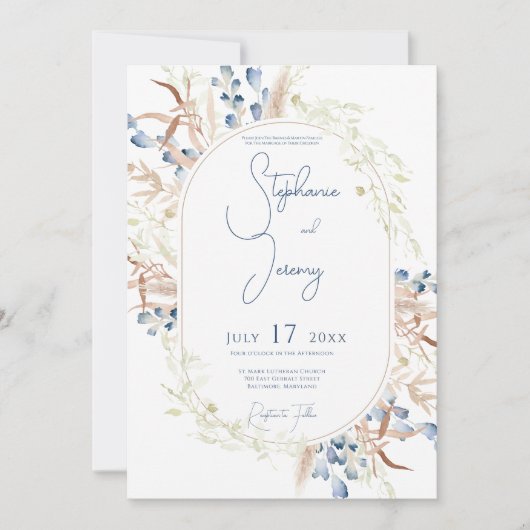 Blue Dried Boho Flowers White Wedding Invitation Kaart (Voorkant)