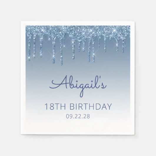 Blue Dripping Glitter Glam 18e verjaardagsfeest Servet (Voorkant)