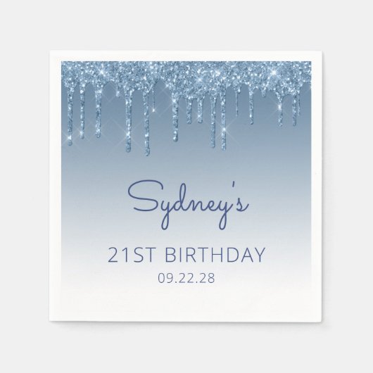 Blue Dripping Glitter Glam 21st Verjaardagsfeest Servet (Voorkant)