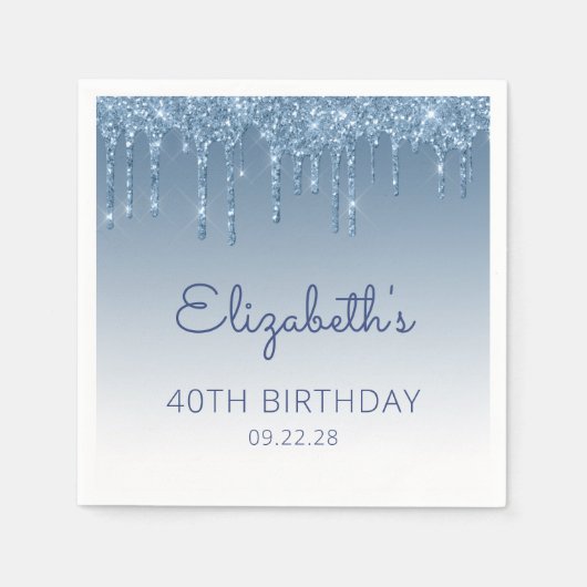 Blue Dripping Glitter Glam 40e verjaardagsfeest Servet (Voorkant)