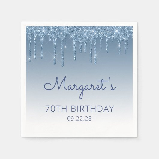 Blue Dripping Glitter Glam 70e verjaardagsfeest Servet (Voorkant)