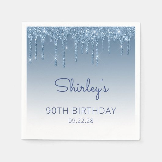 Blue Dripping Glitter Glam 90ste verjaardagsfeest Servet (Voorkant)
