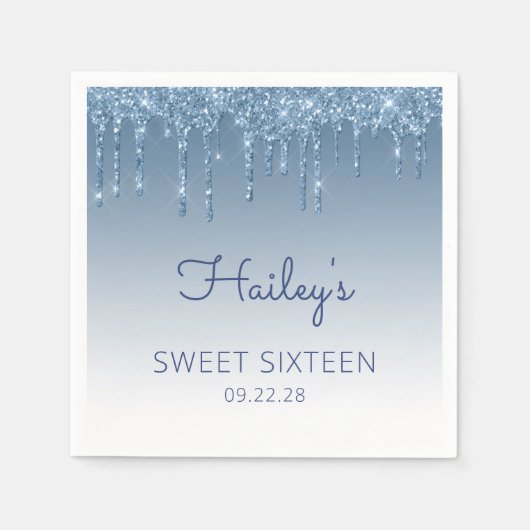 Blue Dripping Glitter Glam Sweet 16 Verjaardagsfee Servet (Voorkant)