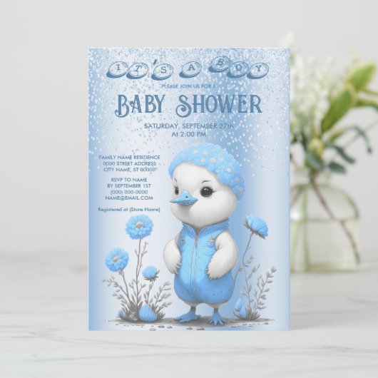 Blue Duck Boy Baby shower Uitnodiging (Staand voorkant)