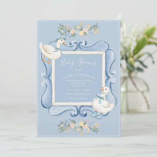 Blue Ducks Floral Vintage Baby Shower Kaart (Staand voorkant)