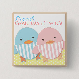 Blue Ducky Twin Boy & Girl Proud Grandma Pin Vierkante Button 5,1 Cm