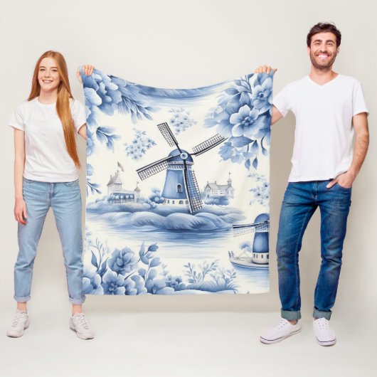 Blue Dutch Delft Windmill Waterverf Fleece Deken (In situ)