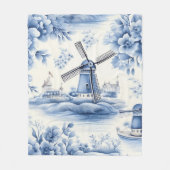 Blue Dutch Delft Windmill Waterverf Fleece Deken (Voorkant)