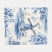 Blue Dutch Delft Windmill Waterverf Fleece Deken (Voorkant (Horizontaal))