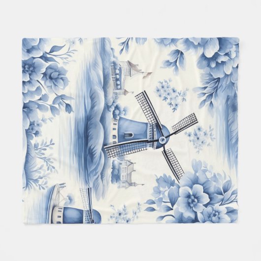 Blue Dutch Delft Windmill Waterverf Fleece Deken (Voorkant (Horizontaal))