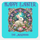 Blue Easter Bunny Art Nouveau Glas in lood Vierkante Sticker (Voorkant)