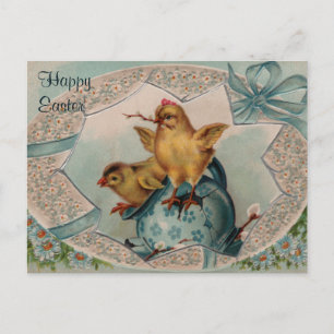 Blue Easter Egg and Chicks Vintage Postcard Feestdagenkaart