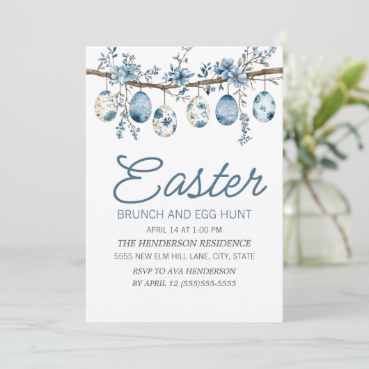 Blue Easter Egg Hunt Brunch Kaart (Staand voorkant)