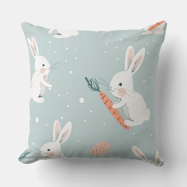 Blue Easter with Bunny & Carrot Throw Pillow Buitenkussen (Voorkant)