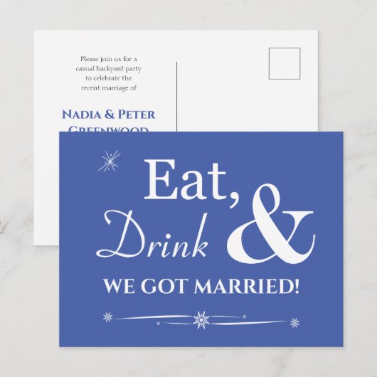 Blue Eat Drink We zijn getrouwd Retro Elopement Briefkaart (Voorkant / Achterkant)