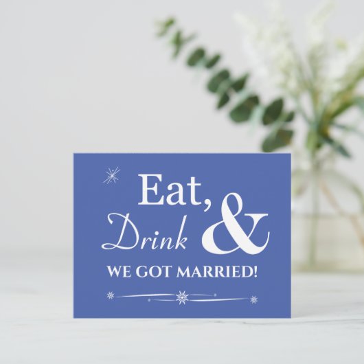 Blue Eat Drink We zijn getrouwd Retro Elopement Briefkaart (Staand voorkant)