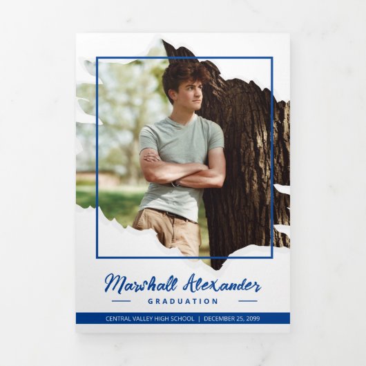 Blue Edgy Abstract Torn Photo Afstuderen Drieluik Uitnodiging (Cover)