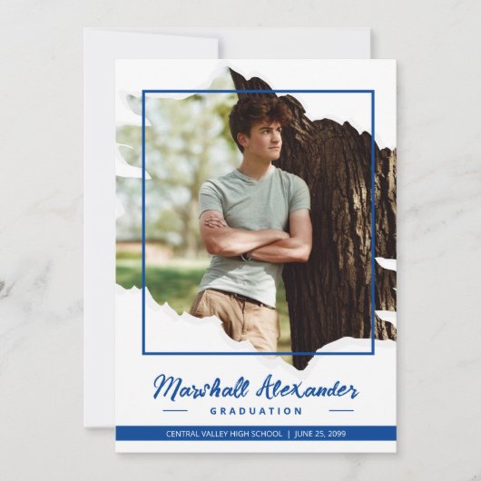 Blue Edgy Abstract Torn Photo Afstuderen Kaart (Voorkant)