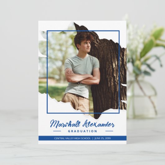 Blue Edgy Abstract Torn Photo Afstuderen Kaart (Staand voorkant)