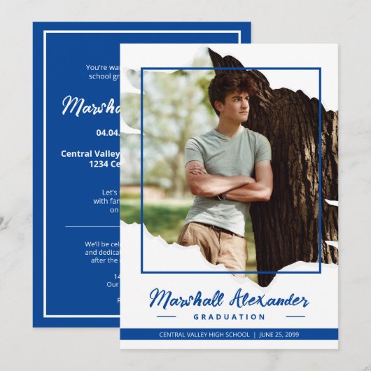 Blue Edgy Abstract Torn Photo Afstuderen Kaart (Voorkant / Achterkant)