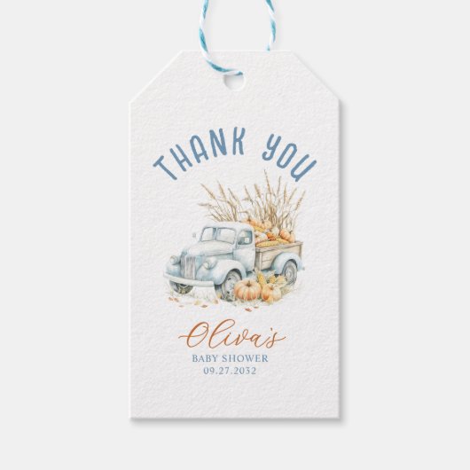 Blue Een beetje pompoen Truck Boy Baby shower Cadeaulabel (Voorkant)
