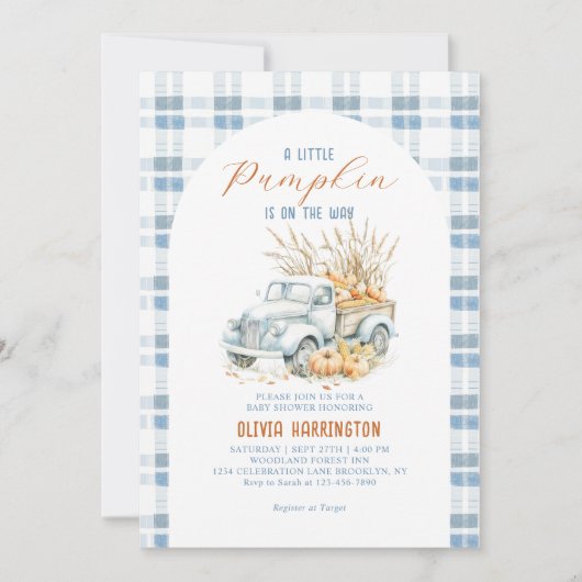 Blue Een beetje pompoen Truck Boy Baby shower Kaart (Voorkant)