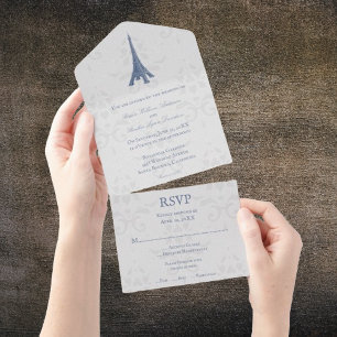Blue Eiffel Tower Damask All in One Wedding Invite All In One Uitnodiging