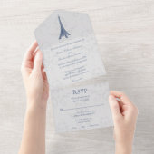 Blue Eiffel Tower Damask All in One Wedding Invite Uitnodiging (Afscheurbaar)