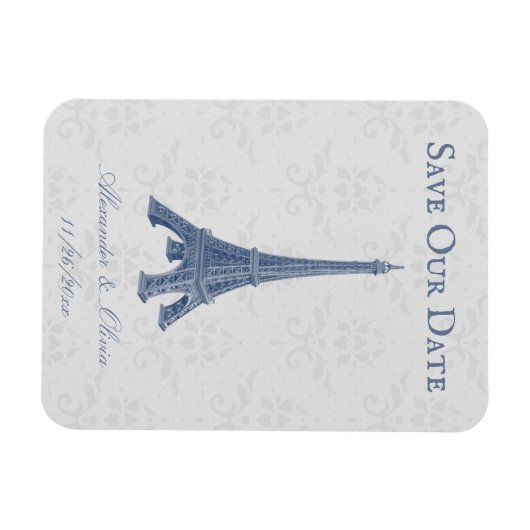 Blue Eiffel Tower Damask bewaar de datum magneet (Horizontaal)