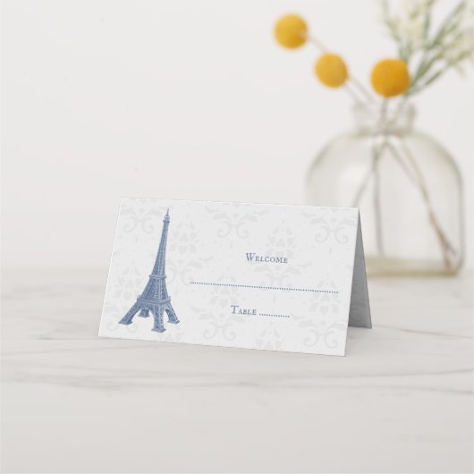 Blue Eiffel Tower Damask Reception Place Card Plaatskaartje (Voorkant)