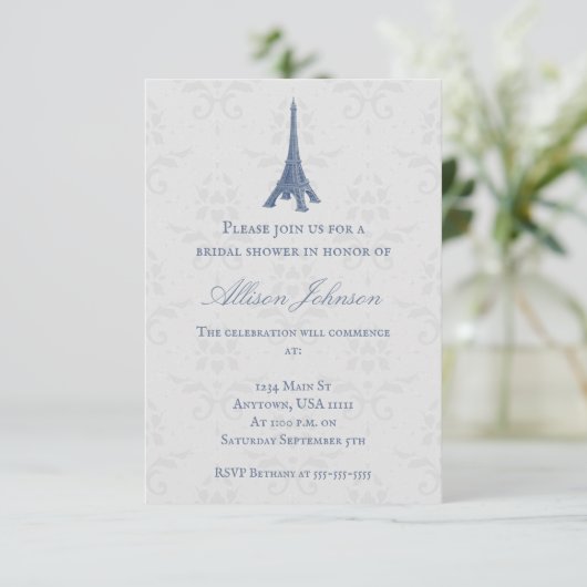 Blue Eiffel Tower Damask Vrijgezellenfeest Invite Kaart (Staand voorkant)