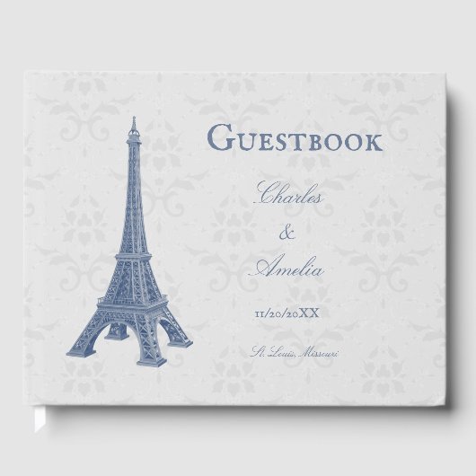 Blue Eiffel Tower Damask Wedding Guestbook Gastenboek (Voorkant)