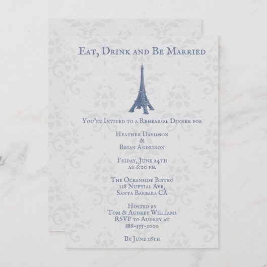 Blue Eiffel Tower Damask Wedding Rehearsal Dinner Kaart (Voorkant / Achterkant)