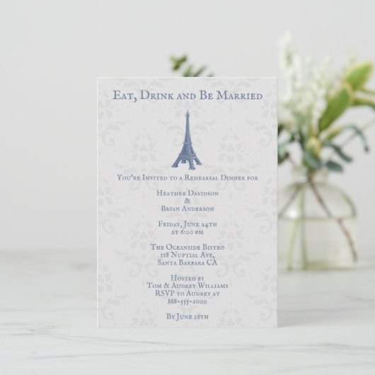 Blue Eiffel Tower Damask Wedding Rehearsal Dinner Kaart (Staand voorkant)