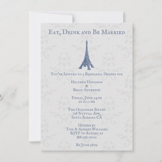 Blue Eiffel Tower Damask Wedding Rehearsal Dinner Kaart (Voorkant)