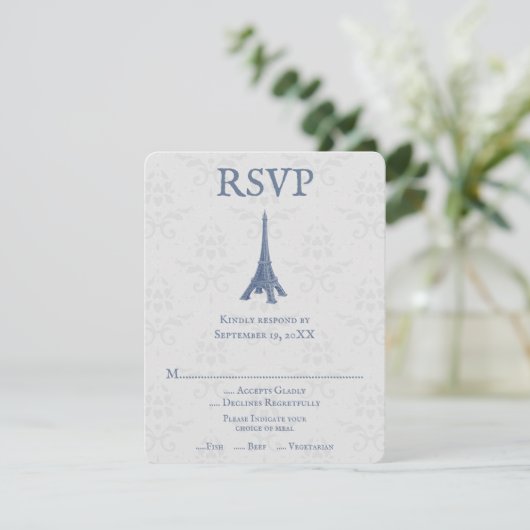 Blue Eiffel Tower Damask Wedding RSVP Card (Staand voorkant)
