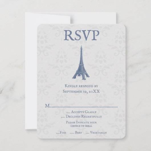 Blue Eiffel Tower Damask Wedding RSVP Card (Voorkant)