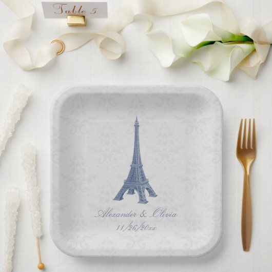Blue Eiffel Tower Damask Wedding Shower Papieren Bordje (Huwelijk)