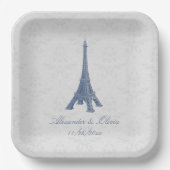 Blue Eiffel Tower Damask Wedding Shower Papieren Bordje (Voorkant)